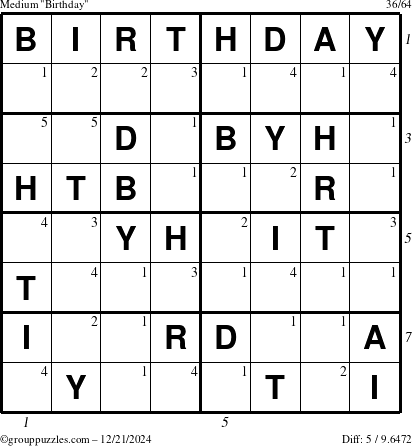 The grouppuzzles.com Medium Birthday puzzle for Saturday December 21, 2024 with all 5 steps marked