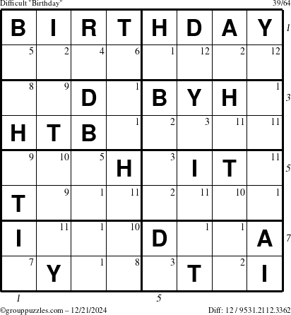 The grouppuzzles.com Difficult Birthday puzzle for Saturday December 21, 2024 with all 12 steps marked