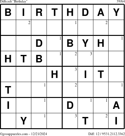 The grouppuzzles.com Difficult Birthday puzzle for Saturday December 21, 2024 with the first 3 steps marked