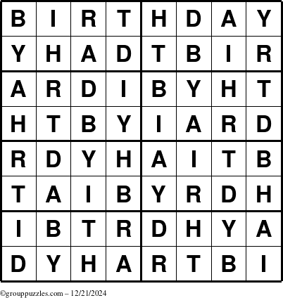 The grouppuzzles.com Answer grid for the Birthday puzzle for Saturday December 21, 2024