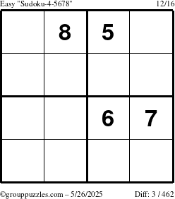 The grouppuzzles.com Easy Sudoku-4-5678 puzzle for Monday May 26, 2025