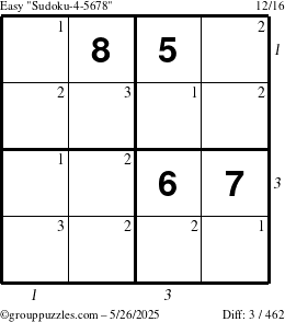 The grouppuzzles.com Easy Sudoku-4-5678 puzzle for Monday May 26, 2025 with all 3 steps marked