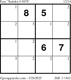 The grouppuzzles.com Easy Sudoku-4-5678 puzzle for Monday May 26, 2025 with the first 3 steps marked