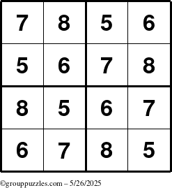 The grouppuzzles.com Answer grid for the Sudoku-4-5678 puzzle for Monday May 26, 2025
