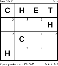 The grouppuzzles.com Easy Chet puzzle for Monday May 26, 2025 with the first 3 steps marked