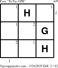 The grouppuzzles.com Easy TicTac-GHI puzzle for Monday May 26, 2025 with all 2 steps marked