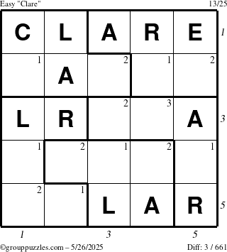 The grouppuzzles.com Easy Clare puzzle for Monday May 26, 2025 with all 3 steps marked