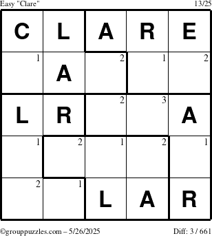 The grouppuzzles.com Easy Clare puzzle for Monday May 26, 2025 with the first 3 steps marked