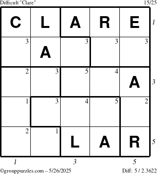 The grouppuzzles.com Difficult Clare puzzle for Monday May 26, 2025 with all 5 steps marked