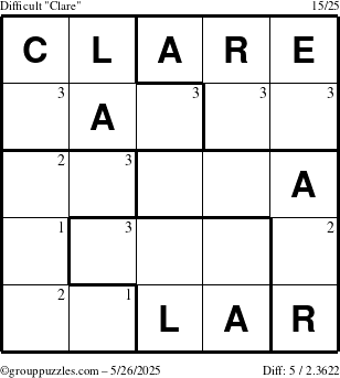 The grouppuzzles.com Difficult Clare puzzle for Monday May 26, 2025 with the first 3 steps marked