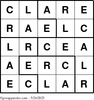 The grouppuzzles.com Answer grid for the Clare puzzle for Monday May 26, 2025
