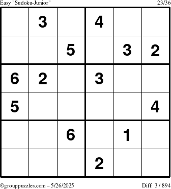 The grouppuzzles.com Easy Sudoku-Junior puzzle for Monday May 26, 2025