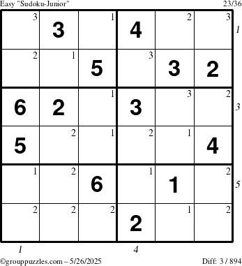 The grouppuzzles.com Easy Sudoku-Junior puzzle for Monday May 26, 2025 with all 3 steps marked