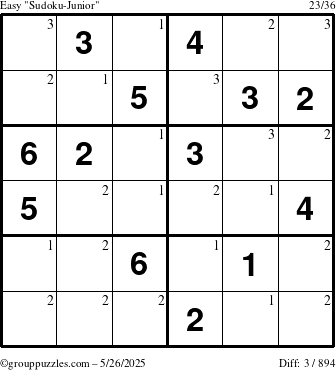 The grouppuzzles.com Easy Sudoku-Junior puzzle for Monday May 26, 2025 with the first 3 steps marked