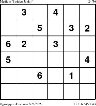 The grouppuzzles.com Medium Sudoku-Junior puzzle for Monday May 26, 2025