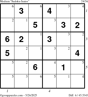 The grouppuzzles.com Medium Sudoku-Junior puzzle for Monday May 26, 2025 with all 6 steps marked