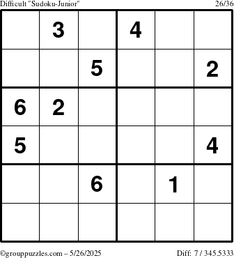 The grouppuzzles.com Difficult Sudoku-Junior puzzle for Monday May 26, 2025