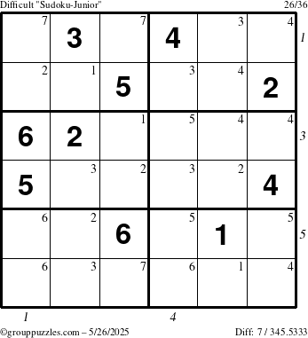 The grouppuzzles.com Difficult Sudoku-Junior puzzle for Monday May 26, 2025 with all 7 steps marked