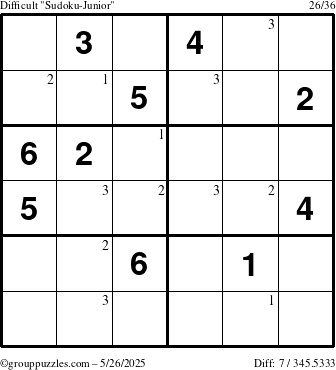The grouppuzzles.com Difficult Sudoku-Junior puzzle for Monday May 26, 2025 with the first 3 steps marked