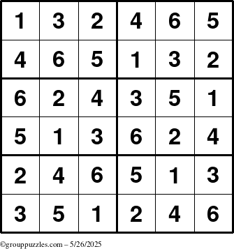 The grouppuzzles.com Answer grid for the Sudoku-Junior puzzle for Monday May 26, 2025