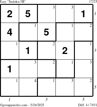 The grouppuzzles.com Easy Sudoku-5B puzzle for Monday May 26, 2025 with all 4 steps marked