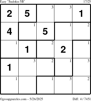 The grouppuzzles.com Easy Sudoku-5B puzzle for Monday May 26, 2025 with the first 3 steps marked