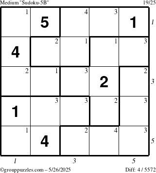 The grouppuzzles.com Medium Sudoku-5B puzzle for Monday May 26, 2025 with all 4 steps marked