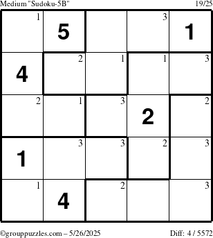 The grouppuzzles.com Medium Sudoku-5B puzzle for Monday May 26, 2025 with the first 3 steps marked
