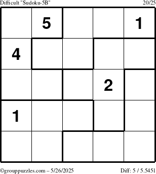 The grouppuzzles.com Difficult Sudoku-5B puzzle for Monday May 26, 2025