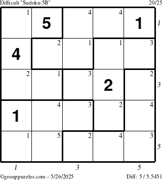 The grouppuzzles.com Difficult Sudoku-5B puzzle for Monday May 26, 2025 with all 5 steps marked
