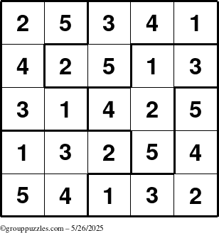 The grouppuzzles.com Answer grid for the Sudoku-5B puzzle for Monday May 26, 2025