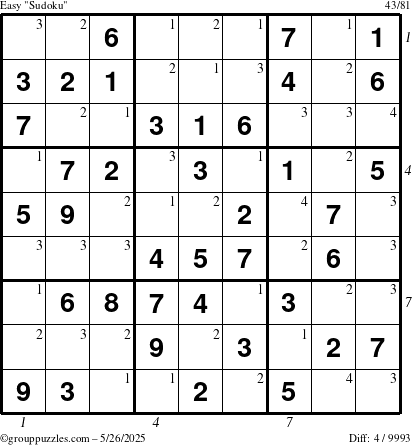 The grouppuzzles.com Easy Sudoku puzzle for Monday May 26, 2025, suitable for printing, with all 4 steps marked