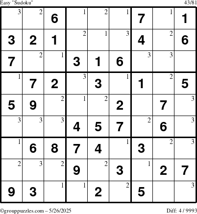 The grouppuzzles.com Easy Sudoku puzzle for Monday May 26, 2025 with the first 3 steps marked