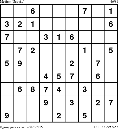 The grouppuzzles.com Medium Sudoku puzzle for Monday May 26, 2025