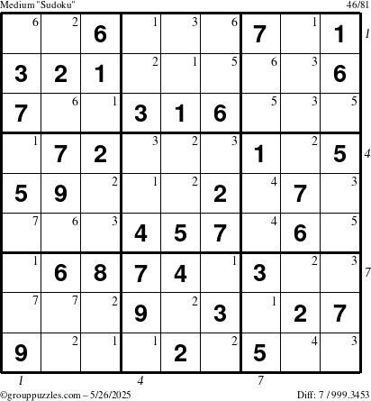 The grouppuzzles.com Medium Sudoku puzzle for Monday May 26, 2025 with all 7 steps marked