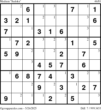 The grouppuzzles.com Medium Sudoku puzzle for Monday May 26, 2025 with the first 3 steps marked