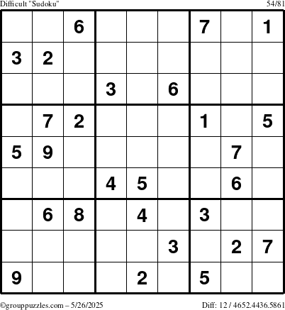 The grouppuzzles.com Difficult Sudoku puzzle for Monday May 26, 2025