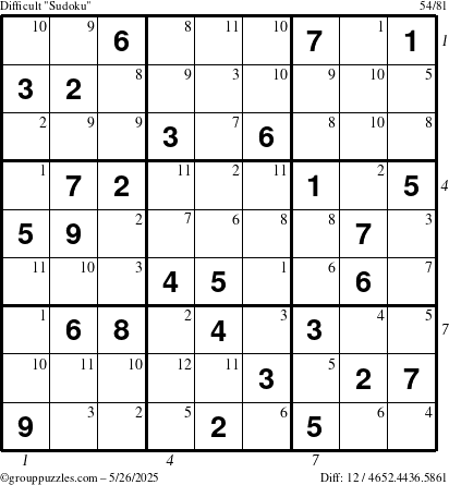 The grouppuzzles.com Difficult Sudoku puzzle for Monday May 26, 2025 with all 12 steps marked