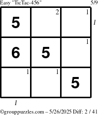 The grouppuzzles.com Easy TicTac-456 puzzle for Monday May 26, 2025 with all 2 steps marked
