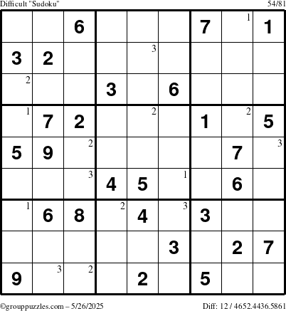 The grouppuzzles.com Difficult Sudoku puzzle for Monday May 26, 2025 with the first 3 steps marked