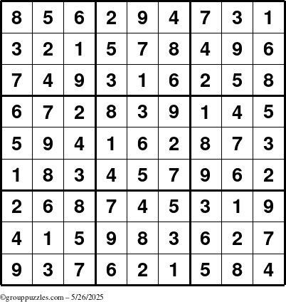 The grouppuzzles.com Answer grid for the Sudoku puzzle for Monday May 26, 2025
