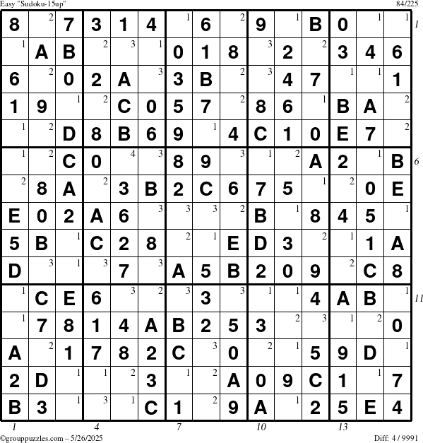 The grouppuzzles.com Easy Sudoku-15up puzzle for Monday May 26, 2025 with all 4 steps marked