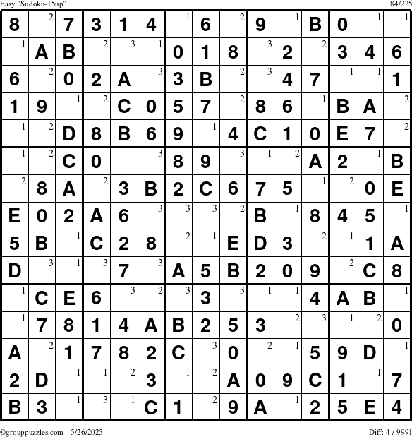 The grouppuzzles.com Easy Sudoku-15up puzzle for Monday May 26, 2025 with the first 3 steps marked