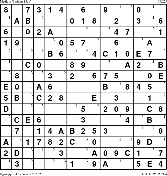 The grouppuzzles.com Medium Sudoku-15up puzzle for Monday May 26, 2025 with the first 3 steps marked