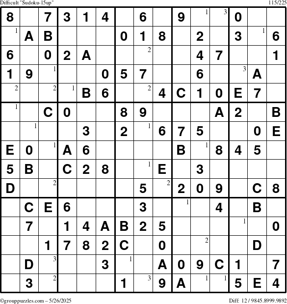 The grouppuzzles.com Difficult Sudoku-15up puzzle for Monday May 26, 2025 with the first 3 steps marked