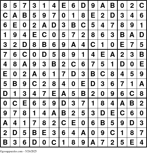 The grouppuzzles.com Answer grid for the Sudoku-15up puzzle for Monday May 26, 2025