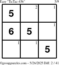 The grouppuzzles.com Easy TicTac-456 puzzle for Monday May 26, 2025 with the first 2 steps marked