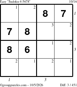 The grouppuzzles.com Easy Sudoku-4-5678 puzzle for Monday October 5, 2026 with all 3 steps marked