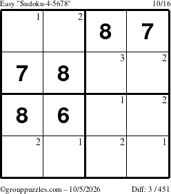 The grouppuzzles.com Easy Sudoku-4-5678 puzzle for Monday October 5, 2026 with the first 3 steps marked