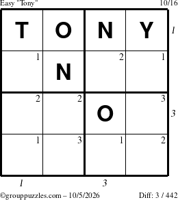 The grouppuzzles.com Easy Tony puzzle for Monday October 5, 2026, suitable for printing, with all 3 steps marked